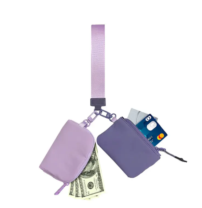 Wholesale waterproof nylon lululemon small dual cion purse keychain pouch mini card holder wristlet