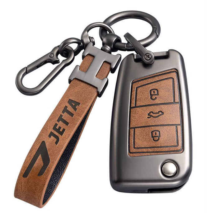 Jetta aluminum alloy PU leather car remote metal key fob cover case shell