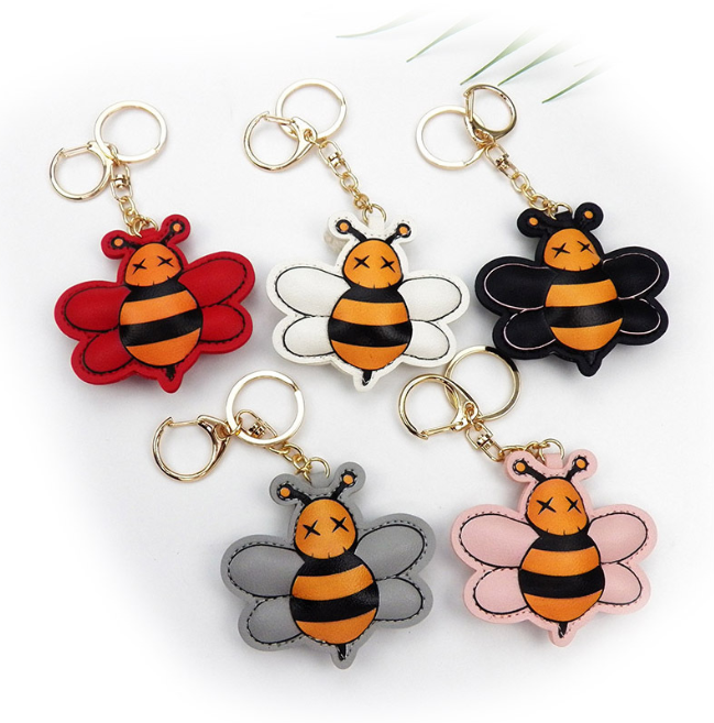 New cartoon leather bee handbag charm car leather pendant keychain