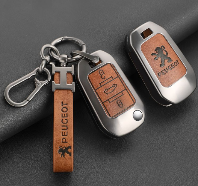 Wholesale metal zinc alloy leather car remote key case fob shell for Peugeot