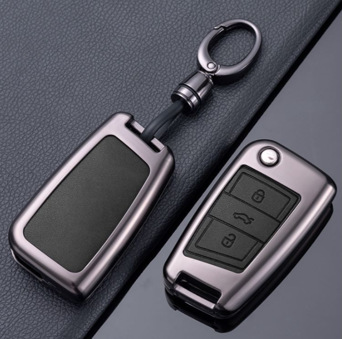 Jetta aluminum alloy PU leather car remote metal key fob cover case shell