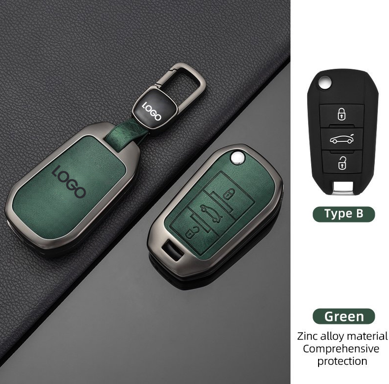 Wholesale metal zinc alloy leather car remote key case fob shell for Peugeot